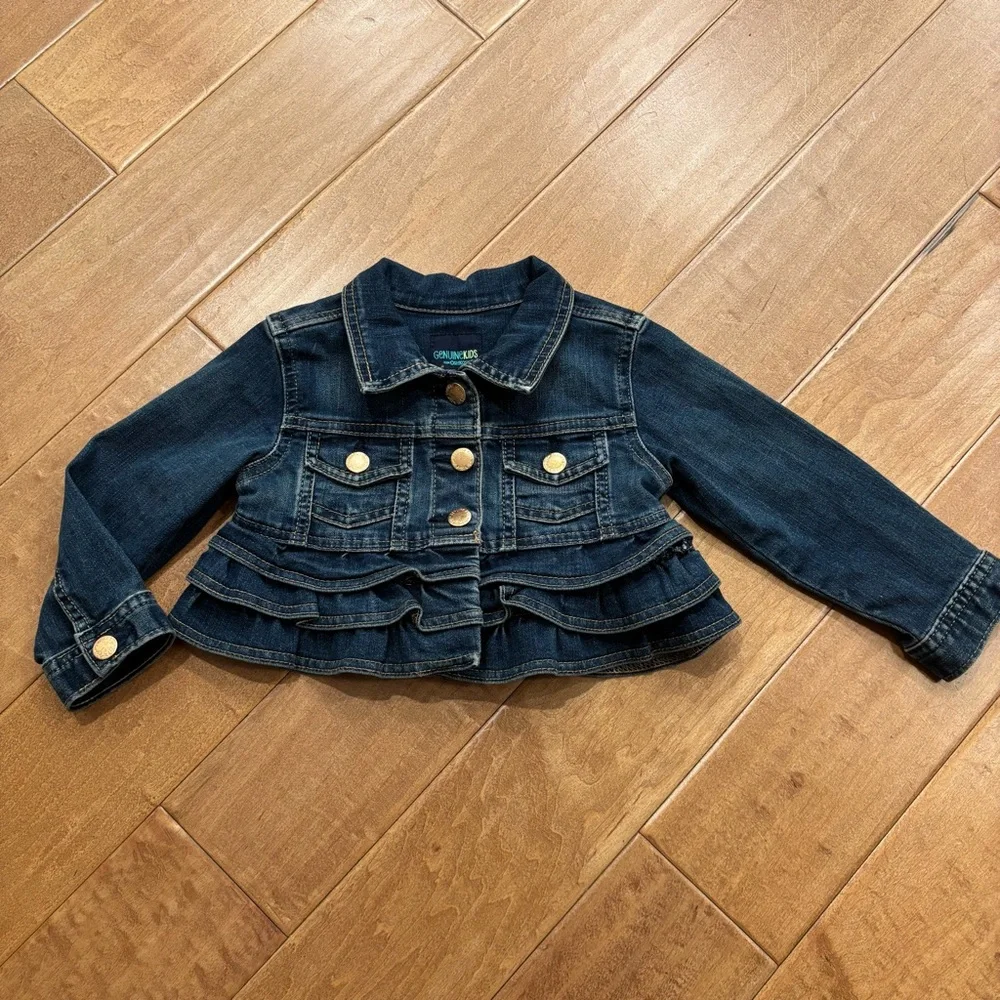 Genuine Kids Oshkosh Girls Toddler Blue Denim Jean Ruffle Snap Front Jacket 2T
